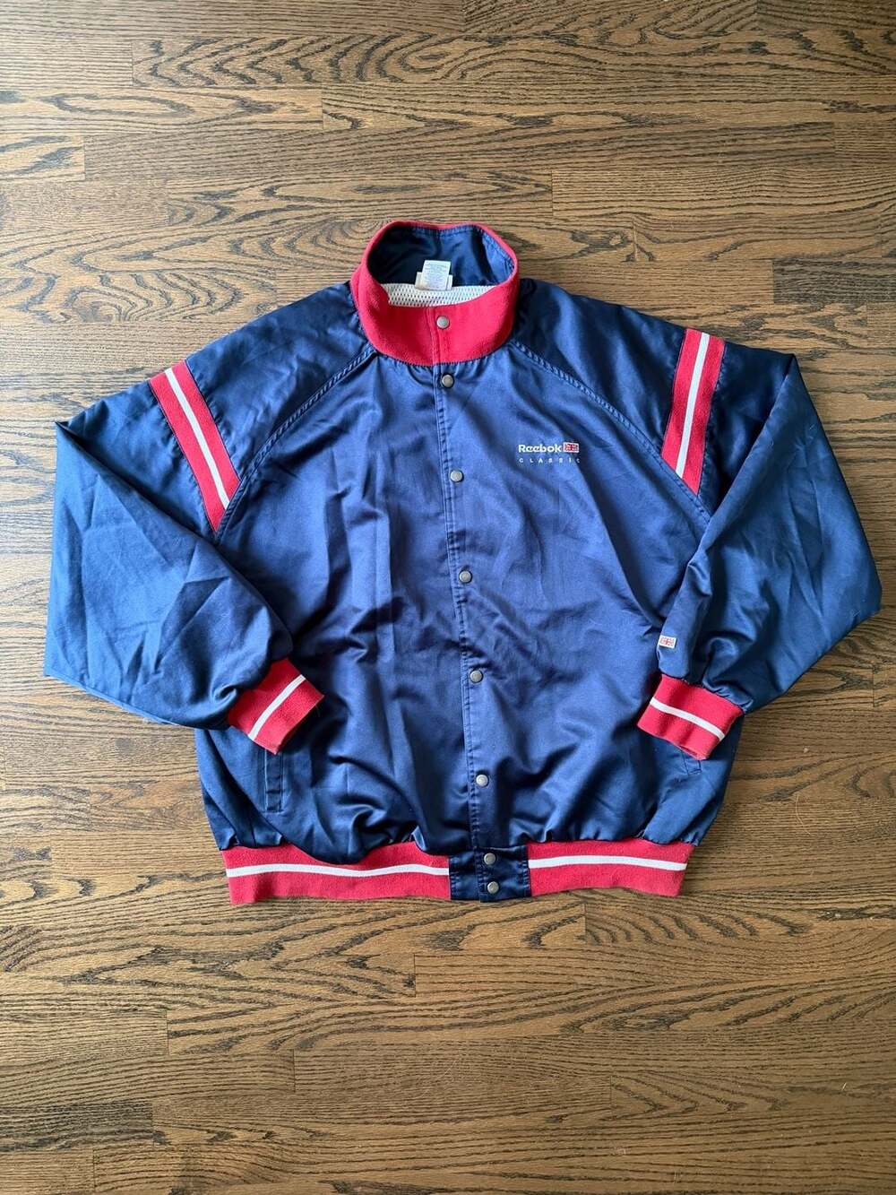 Vintage Reebok Classic Satin Snap Bomber Jacket Navy Red 2XL